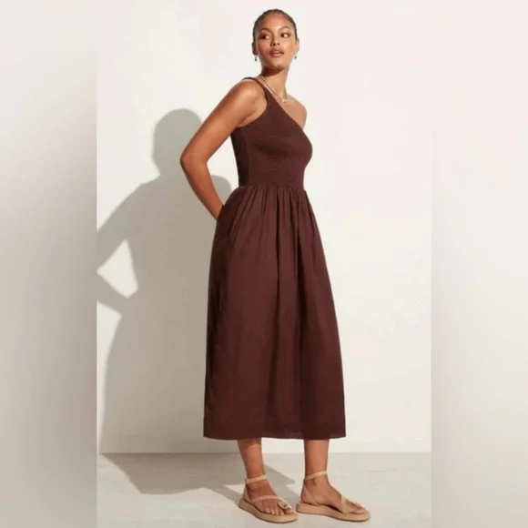 Faithful The Brand NWT SZ 10Elegant Brown One-ShoulderMidi Dress